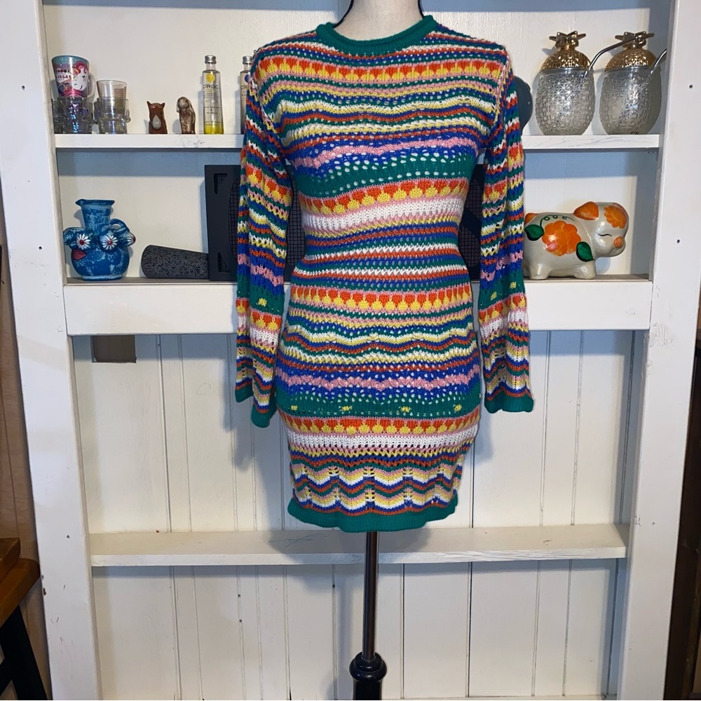 Beginning Boutique Rainbow Crochet Knit Y2K Bodycon‎ Dress Size 8